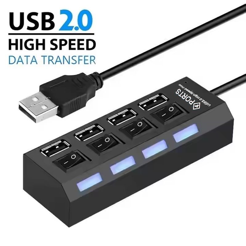 Laptop Accessories Hub - 4 พอร์ตยูเอสบี 2.0 ฮับส่วนต่อขยายพร้อมสวิตช์ LED อิสระสำหรับแล็ปท็อปเดสก์ท็อปแมคบุคคอมพิวเตอร์ชุดอุปกรณ์เสริมชุดอุปกรณ์เสริม